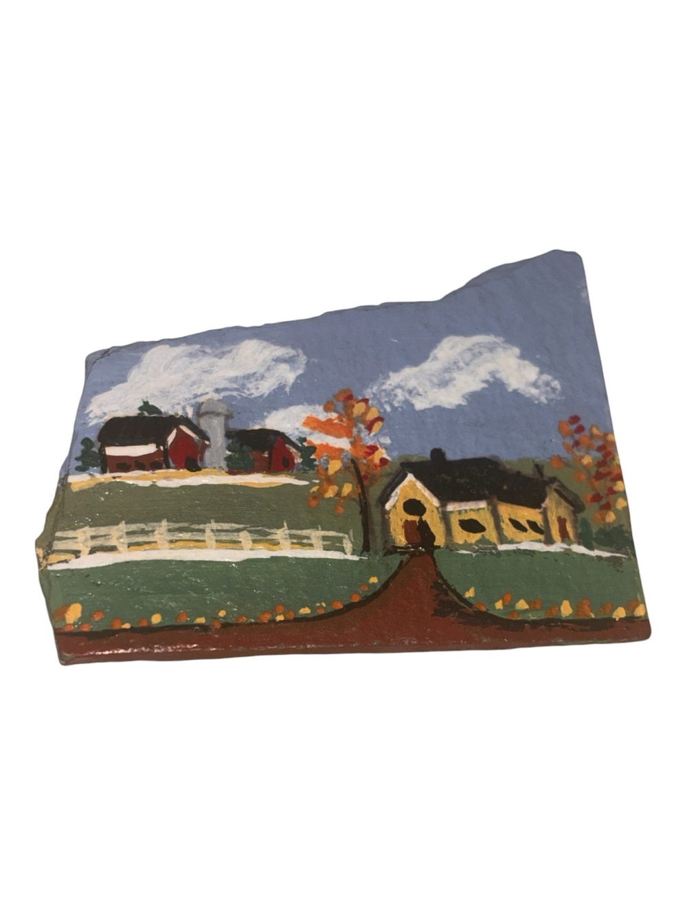 Hand-Painted Farm Landscape on slate brooch 2” X 2” Stunning!
